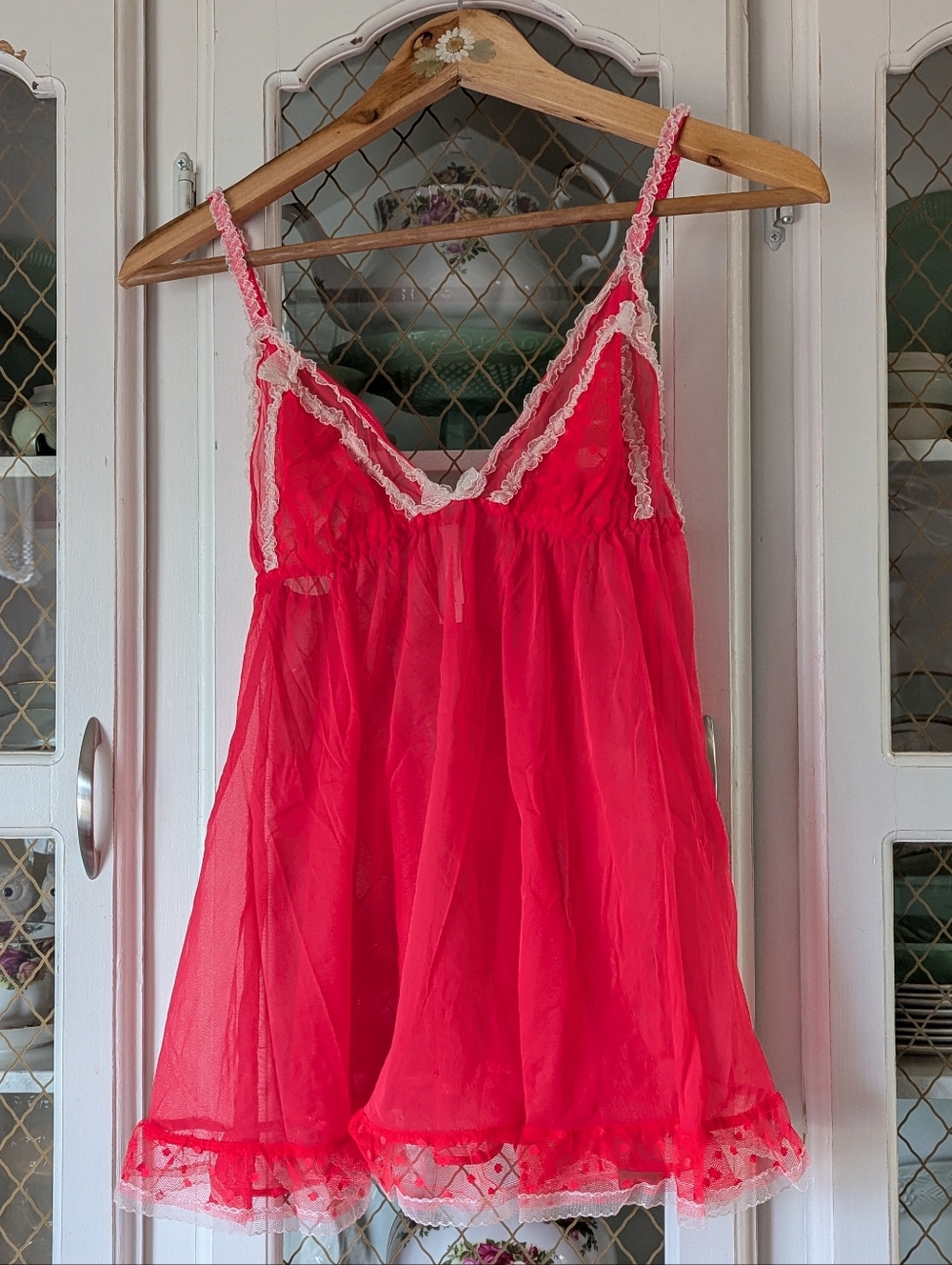 Y2K Victoria's Secret Bright Neon Red Lace Polkadot Chemise Lingerie Romantic